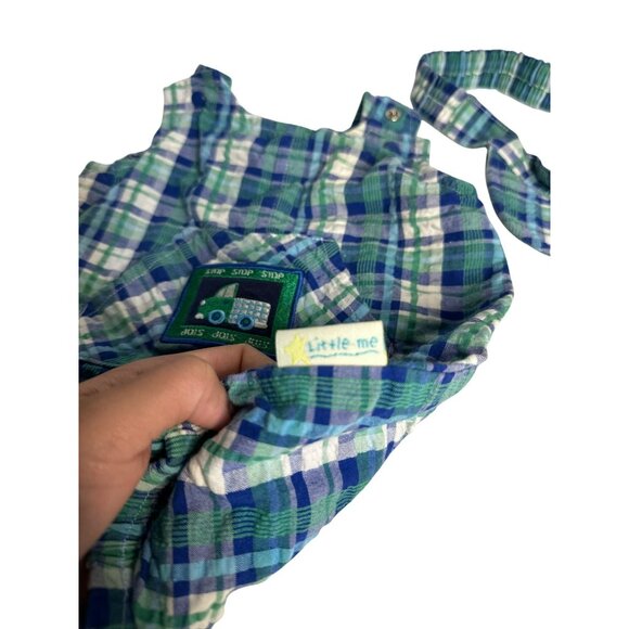 VTG Little-Me Plaid Bubble Romper & Bib Pocket | Embroidered Truck Blue Green - Picture 4 of 8